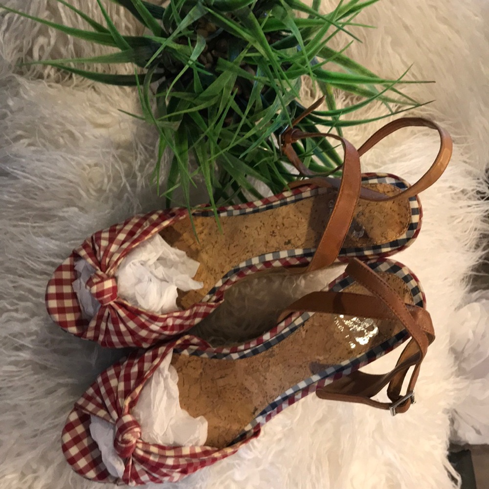 GIANNI BINI Red/Blue Checkered Ankle Wrap Wedges - Picture 3 of 7